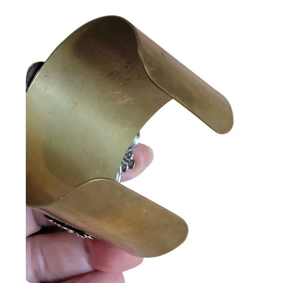 Steampunk Large Cuff Bracelet Brass & Silver Tone Watch Gear Art Nouveau Design - Picture 10 of 11